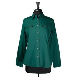 Ralph Lauren Women's Shirt Button Up Green Zipper Long Sleeve Blouse Top Medium